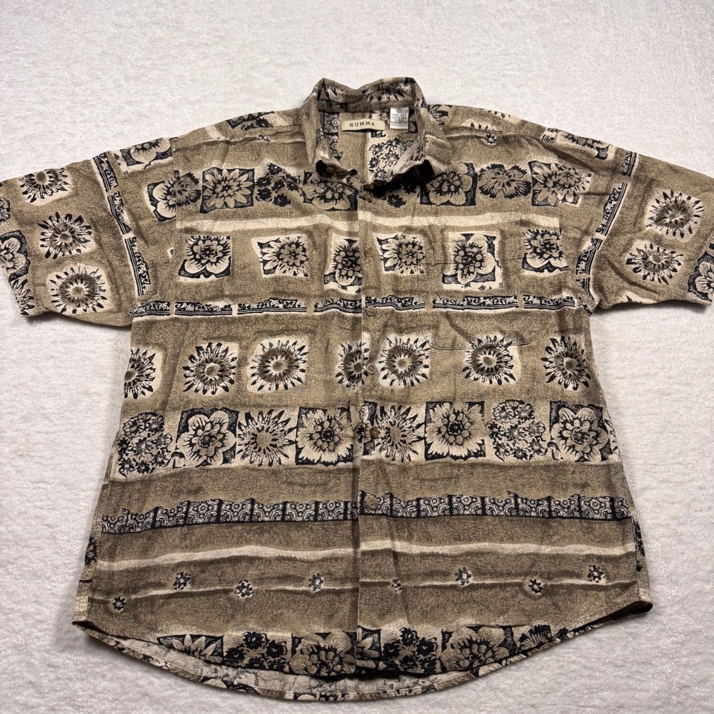 Summa Mens Large Silk Short Sleeve Button Down Shirt Brown Floral Block Print‎